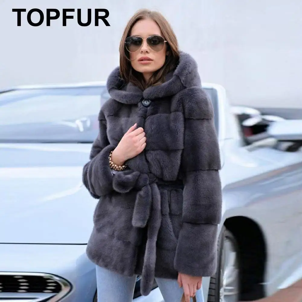 TOPFUR, зимняя кожаная куртка, натуральное меховое пальто для женщин, натуральный мех норки, короткие пальто с поясом, длинные рукава, пальто с меховым капюшоном