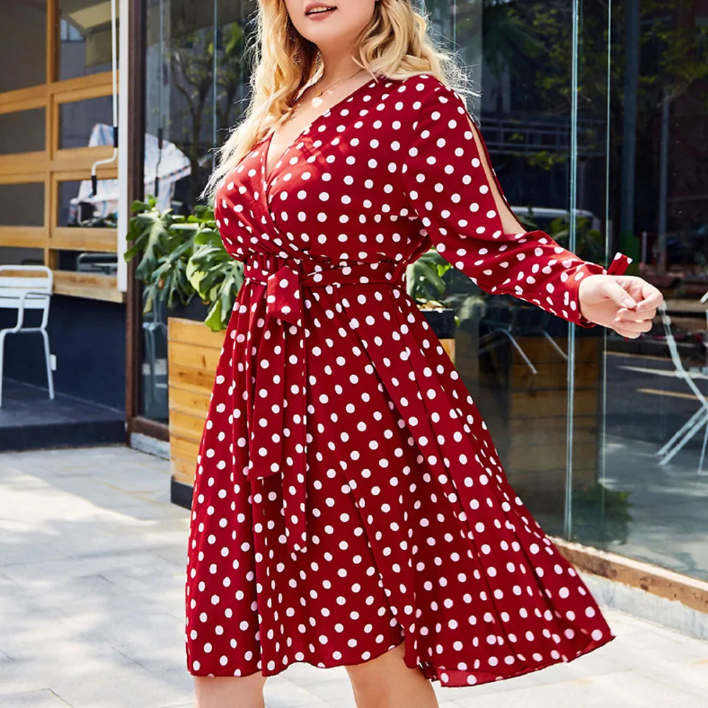 

Fadzeco Women Plus Size Long Dresses Autumn Long Sleeve Wrap V Nek Polka Dot Boho Swing Midi Dress with Belt Beach