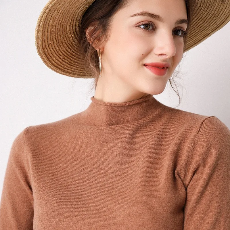 

100% wool sweater women Autumn And Winter luxury Temperament thermal coat half turtleneck pullovers solid cardigan dress female