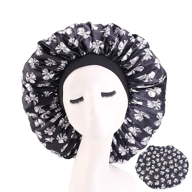 New Women Big Size Beauty print Satin Silky Bonnet Sleep Night Cap Head Cover Bonnet Hat for For Curly Springy Hair Black 408A Black Bow