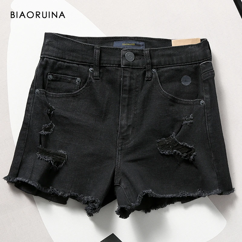 BIAORUINA Women's Scratched Holes Washing Denim Black Short Wild Slim High Waist Female Fashion Summer Streetwear | Женская одежда