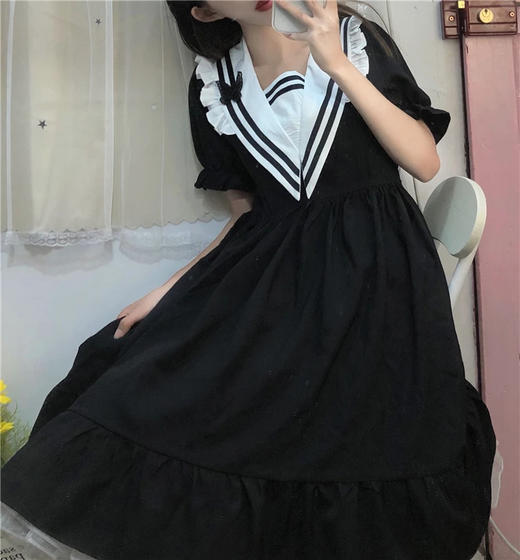 Japanese College Style Soft Girl Dress Sweet Sailor Collar Butterfly Cute Puff Sleeve Dresses Kawaii Ruffles High Waist Dress