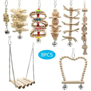 

8 Pcs/set Bird Parrot Swing Chew Toys Natural Wood Hanging Bell Birds Cage Decor
