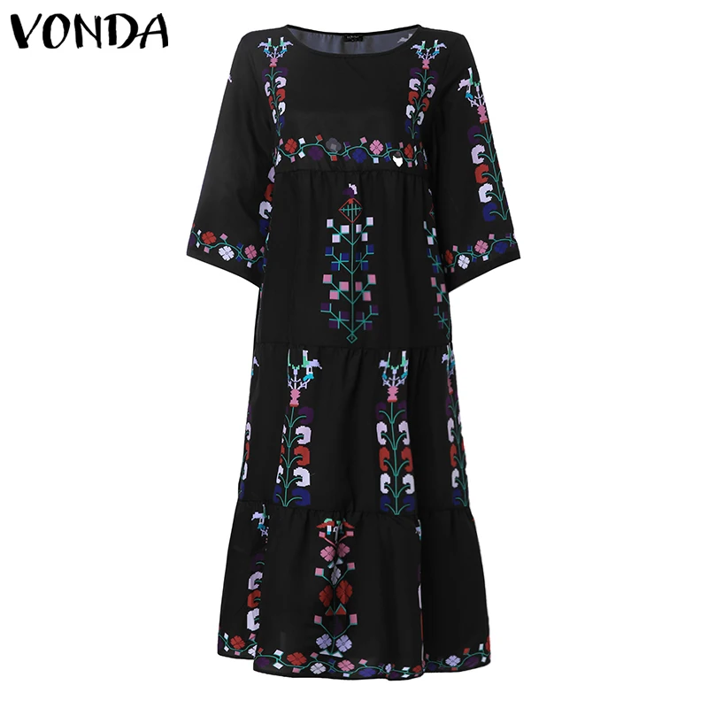 Длинное летнее платье макси VONDA, летнее пляжное длинное платье, женские богемные Вечерние Платья с цветочным принтом, винтажное повседневное женское платье, большие размеры