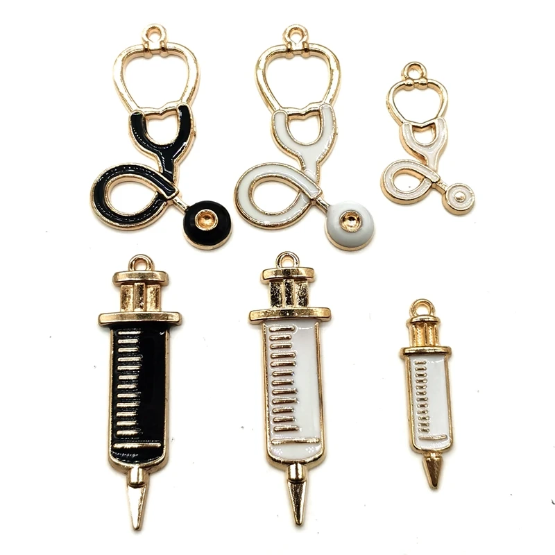 

5 pcs Multi style Creative Handmade Drip Oil Medical Jewelry Enamel Pendant Stethoscope Charms Syringe Charms Nurse Hat Charms