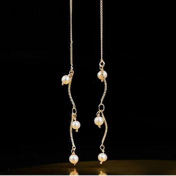 

Freshwater Pearl Threader Thread Earrings For Women Long Chain Ear Line Drop Earrings Tassel Gold Color Earrings Jewelry Party