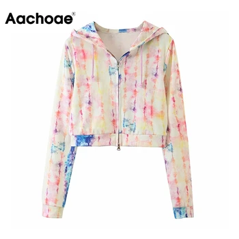 

Aachoae Casual Tie Dye Hooded Hoodies Women Long Sleeve Soft Home Sports Sweatshirts Female Zipper Streetwear Lady Shorts Tops