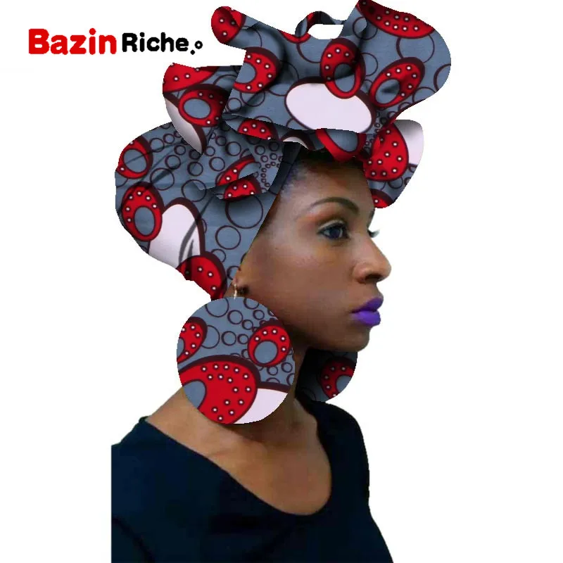 Модный Африканский головной платок и серьги 2 шт. Женская африканская одежда bazin богатый головной убор воск Анкара повязка для волос SP117