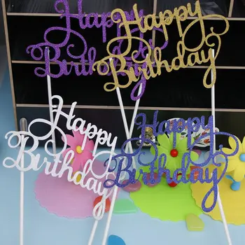 

New Fashion Golden Silvery Flash Cake Topper Happy Birthday Party Cake Topper Family Birthday Party Baking Decoration Supplies
