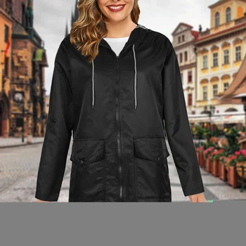 

Women's Raincoat Coat Long Sleeve Hooded Solid Color Mid-length Rain Coat With Zip Spring Autumn Sporting Casual Outdoor Jacket
