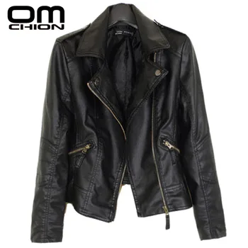 

OMCHION 2019 Autumn Winter Turn-down Collar Women Leather Jacket Black Slim Moto Biker Female Faux Leather Coats Outwear LMJ33