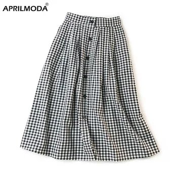 

2020 New Spring Summer Women Classic Vintage Midi Skirts Fashion Plaid Skirt Female A Line Single Breasted Skirt Faldas Mujer