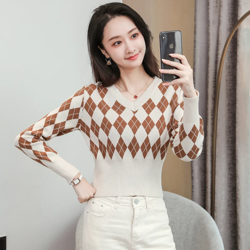 Женский трикотажный свитер в стиле ретро с V-образным вырезом | Женская одежда