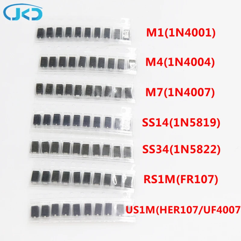Набор диодов SMD 7 видов * 10 шт. = 70 шт./лот/M1 (1N4001) / M4 (1N4004) M7 (1N4007)/ SS14 US1M RS1M SS34 |