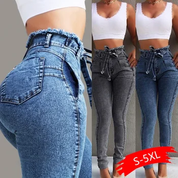 

High Waist Jeans For Women Slim Stretch Denim Jean Bodycon Tassel Belt Bandage Skinny Woman Casual Plus Size Pencil Jeans