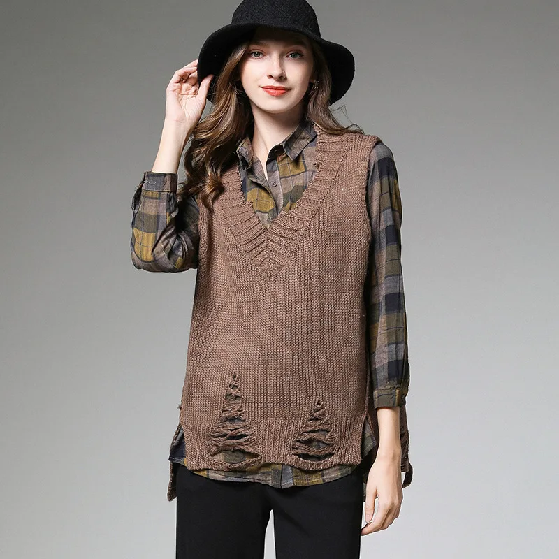 Fashion Tide New Fashion Trend V-neck Hole Sequined Knit Vest All Mtach Loose Women Pullovers Solid Color Leisure AI999