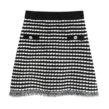 

2020 Women Chic Fashion Frayed Tassel Knitted Mini Skirt Vintage High Elastic Waist False Pocket Skirts Casual FaldasMujer