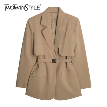 

TWOTWINSTYLE Patchwork Shoulder Pads Blazer For Women Notched Long Sleeve High Waist With Sashes Casual Loose Coat Female 2020