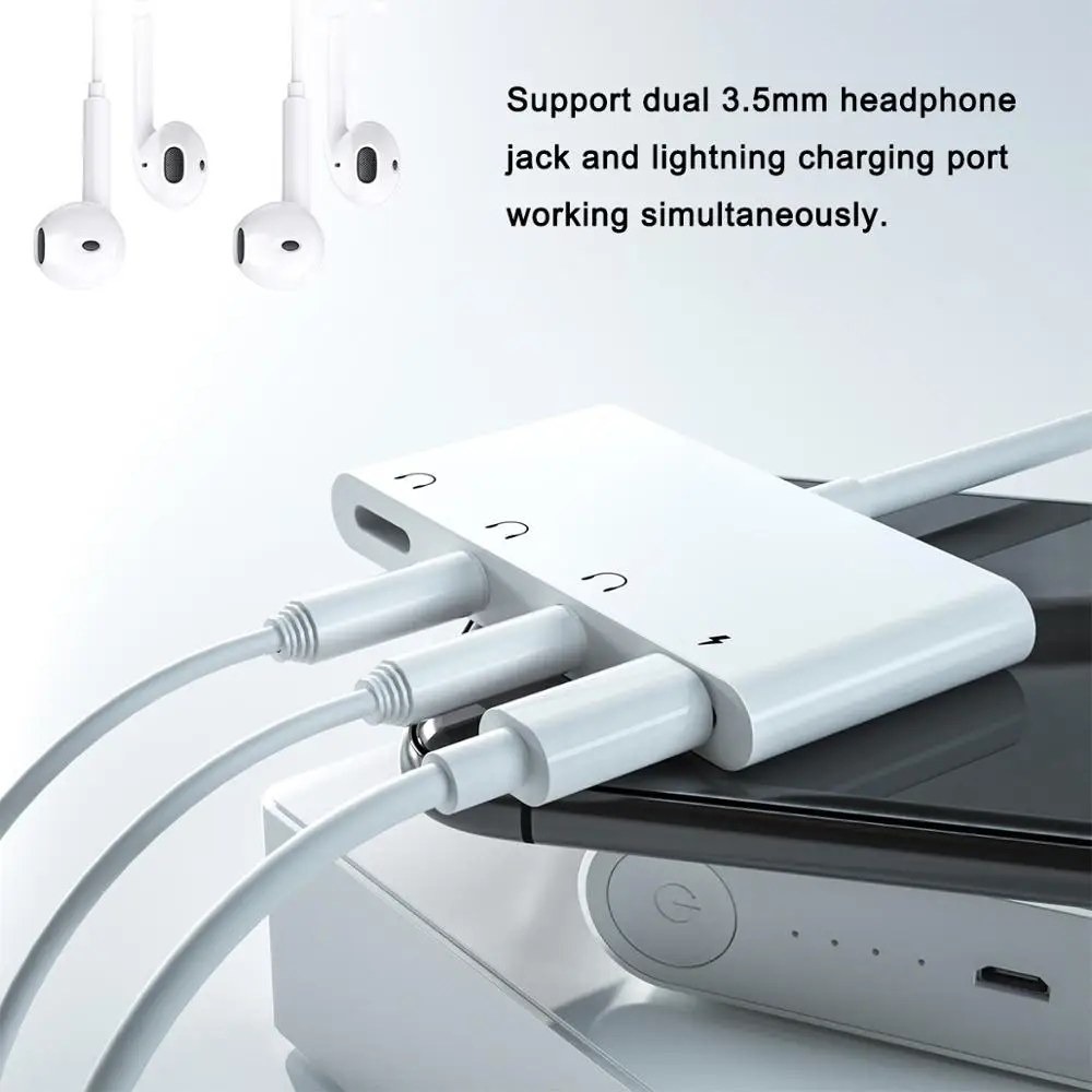 Lighting to 3 5mm Jack Adapter Dual Headphone 4 In 1 Audio Charging Splitter for Phone 11 11Pro XS 8 Plus 7 7