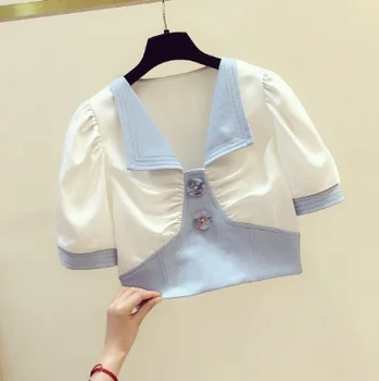 

Summer Crop Top Ladies Blouse Contrasting Color Simple and All-match Design V-neck Slim Short Shirt Shirts Blusas Mujer De Moda