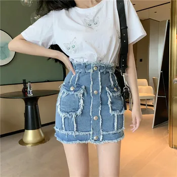 

Free People Print Midi Denim Skirt For Women Elastic High Waist A Line Denim Skirt Woman Travel Beach Loose Jeans Skirt
