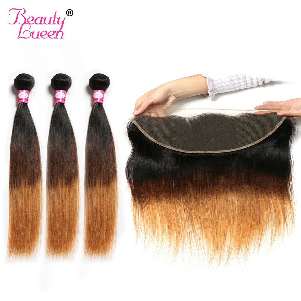

Ombre Brazilian Straight Hair Bundles With 13*4 Frontal Closure Non Remy 3 Tone Ombre Bundles With Frontal