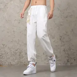0636 летние штаны-шаровары в стиле хип-хоп японские уличные хлопковые льняные Мужские штаны тонкая эластичная талия Вышивка лентами белый