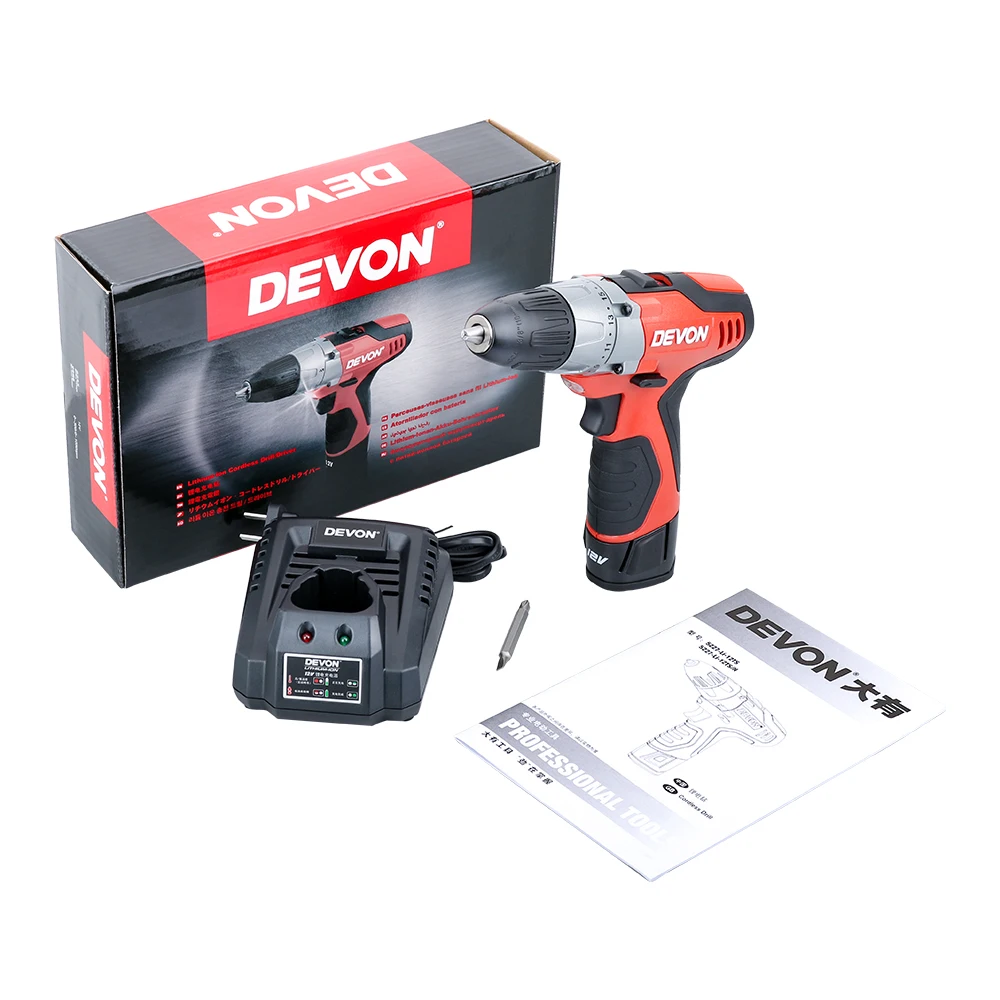 DEVON 12V электрическая Беспроводная электродрель-отвёртка перезаряжаемая мини беспроводная ударная мощность Драйвер Toolsl 2-speed 10 мм литий-ионный