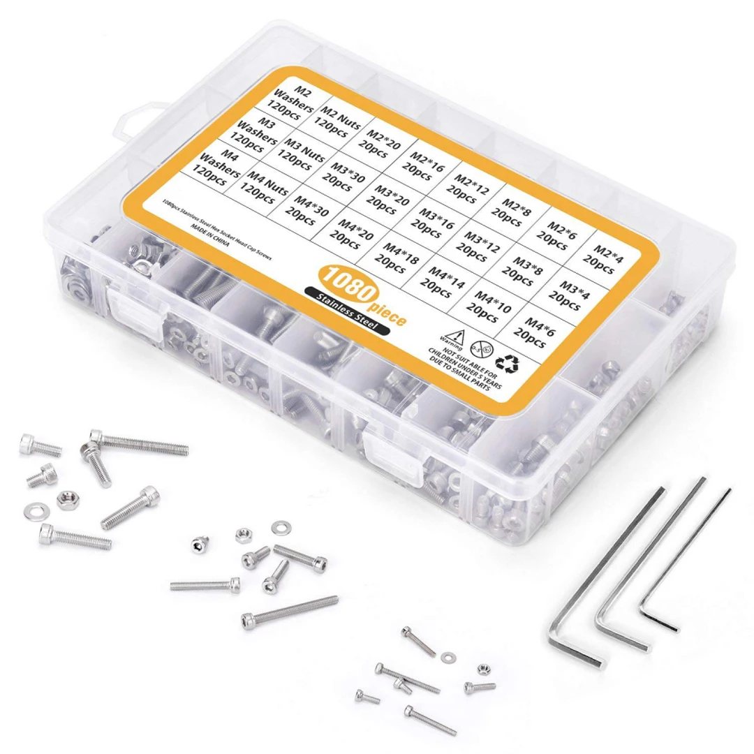 

1080pcs Stainless Steel Assortment Kit Widely Used M2 M3 M4 Hex Screw Bolts & Nuts Set with Washer Home Manual Repair Parts Set