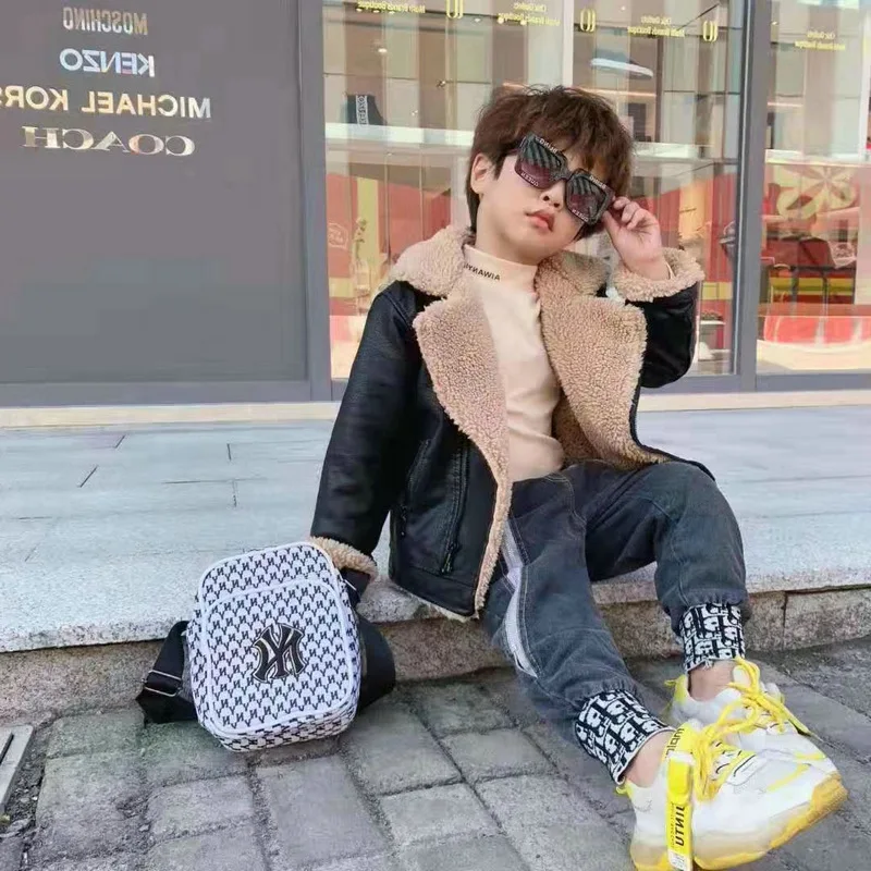 WLG winter PU coats kids thick turn down collar long sleeve coat baby boy warm fashion all match clothes 2-7 years