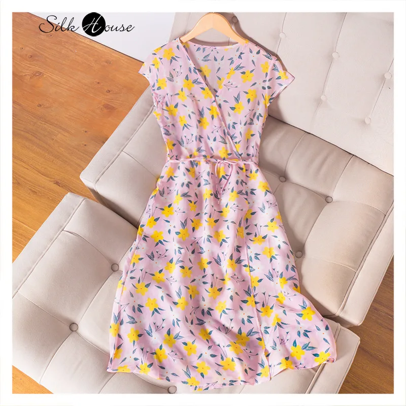 

Elegant V-neck Silk Floral Printed Dress Women's Silk Waist Hugging Sexy Midi Short Sleeve A- line Dress Summer New Style