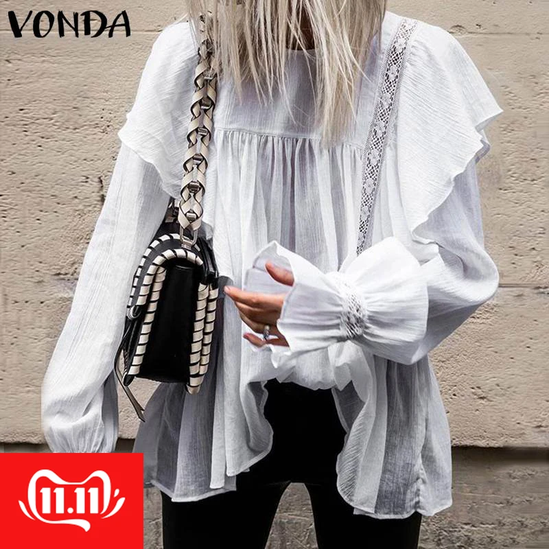 Женские хлопковые блузки VONDA белые повседневные свободные с круглым вырезом
