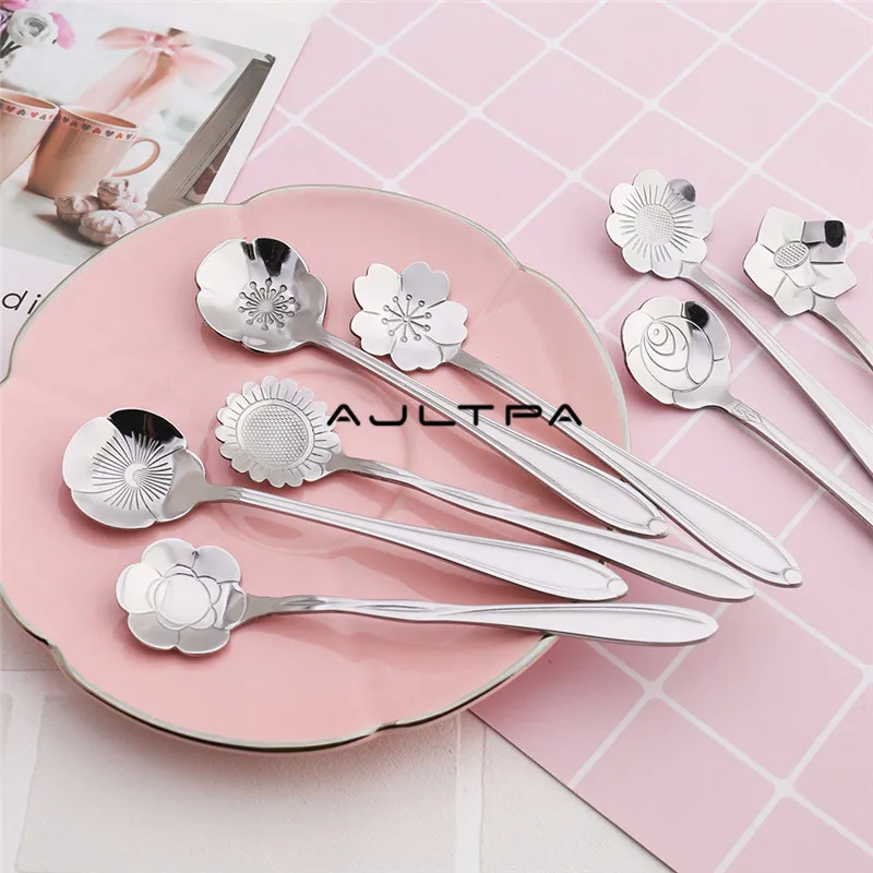 1200Pcs Stainless Steel Tea Coffee Spoon Juice Spoon Ice Cream Spoon Kitchen Tableware Creative Flower Shape Silver