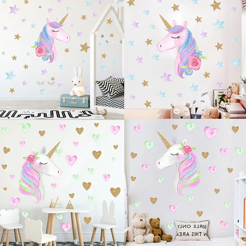 Colorful Heart Animal Unicorn Wall Sticker 3D Art Girls Bed Room Nursery Decoration For Kids Home Decor | Дом и сад