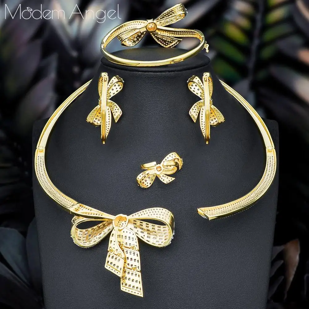 ModemAngel, роскошное Африканское серебряное ожерелье с бантом, набор сережек, ювелирные наборы для женщин, свадебные циркониевые CZ, Дубай, свадебные ювелирные наборы