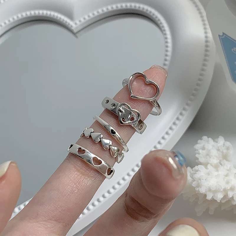 Ring Set Fashion Hollow Heart 5PCS Elegant Vintage Silver Adjustable Women Finger Jewelry Wedding Party Gift ring set finger ring silver ring adjustable rings wedding rings wedding ring