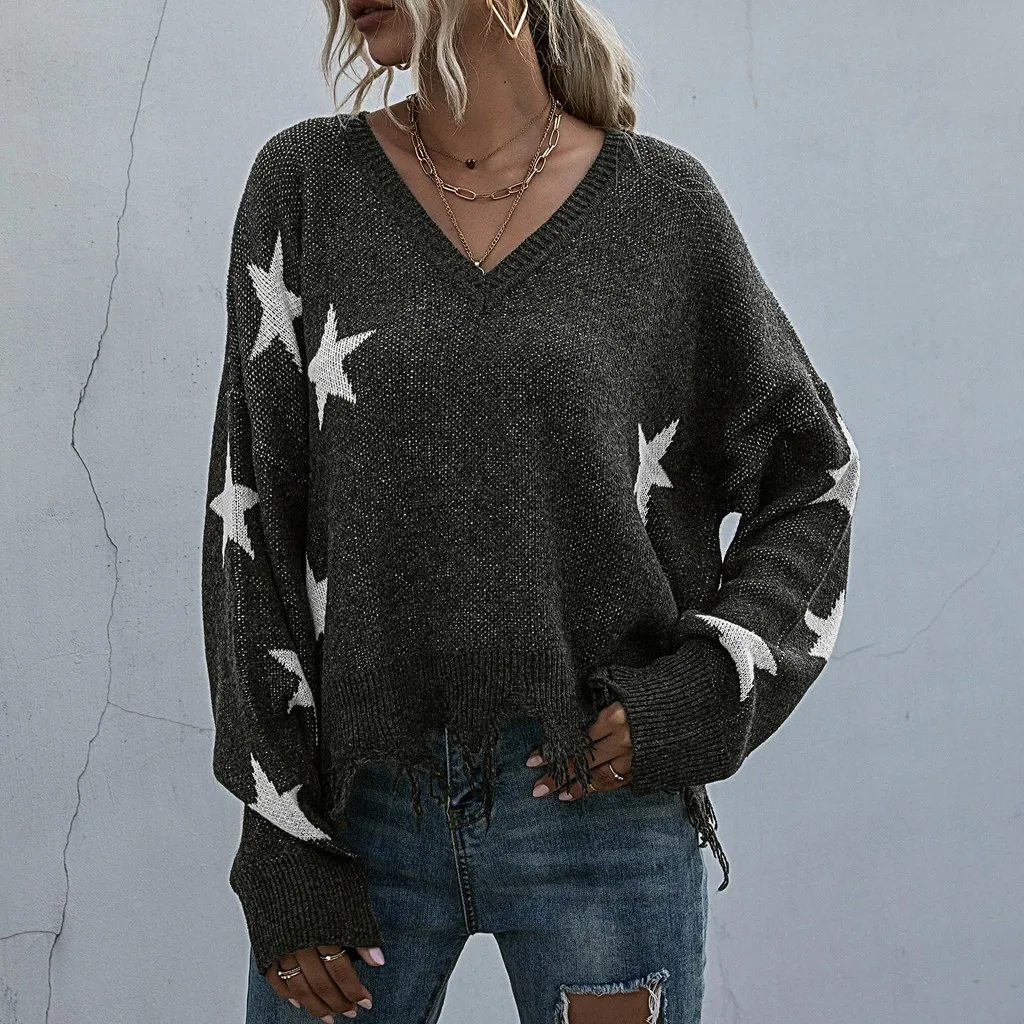 Fashion Women Long sleeve Star Printed Sweater V neck Long Sleeve Star