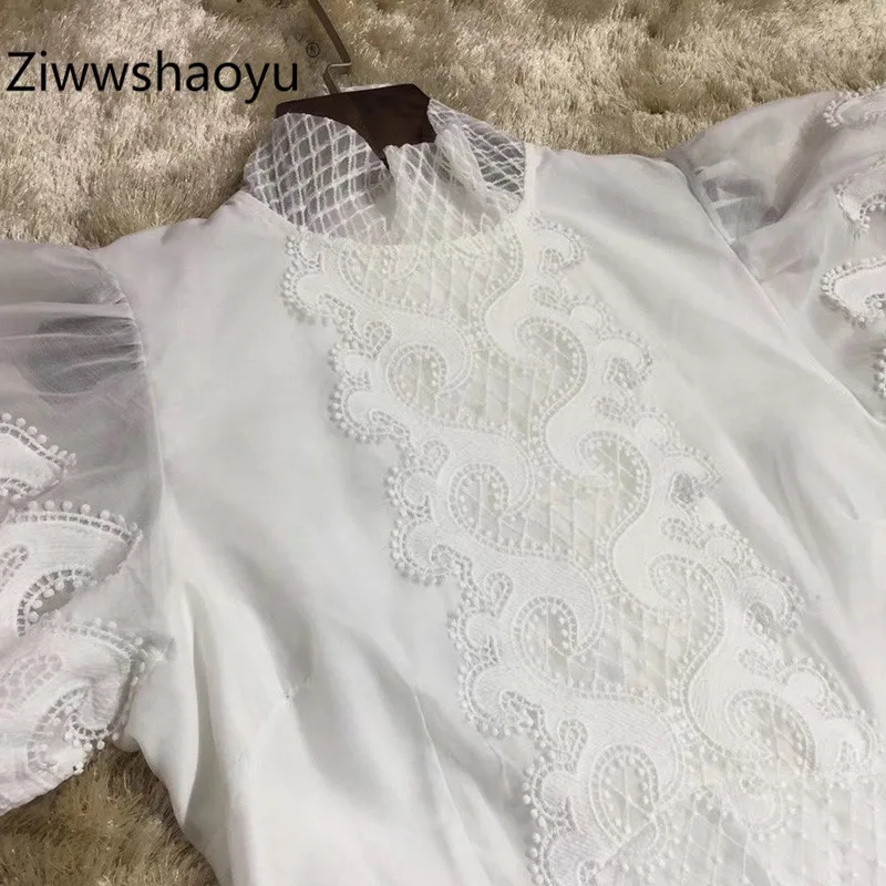 Ziwwshaoyu, новинка, весна-лето, элегантные, с вышивкой, стоячий воротник, рукав-фонарик, вечерние, белые, длинные платья для женщин