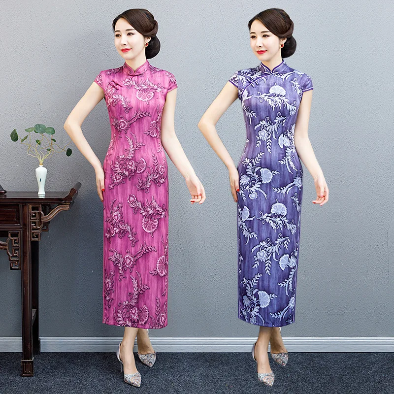 Элегантные атласные женские вечерние Qipao Цветочные Длинные китайские традиционные платья Восточный тонкий Cheongsam Винтаж Vestido Плюс Размер M-5XL
