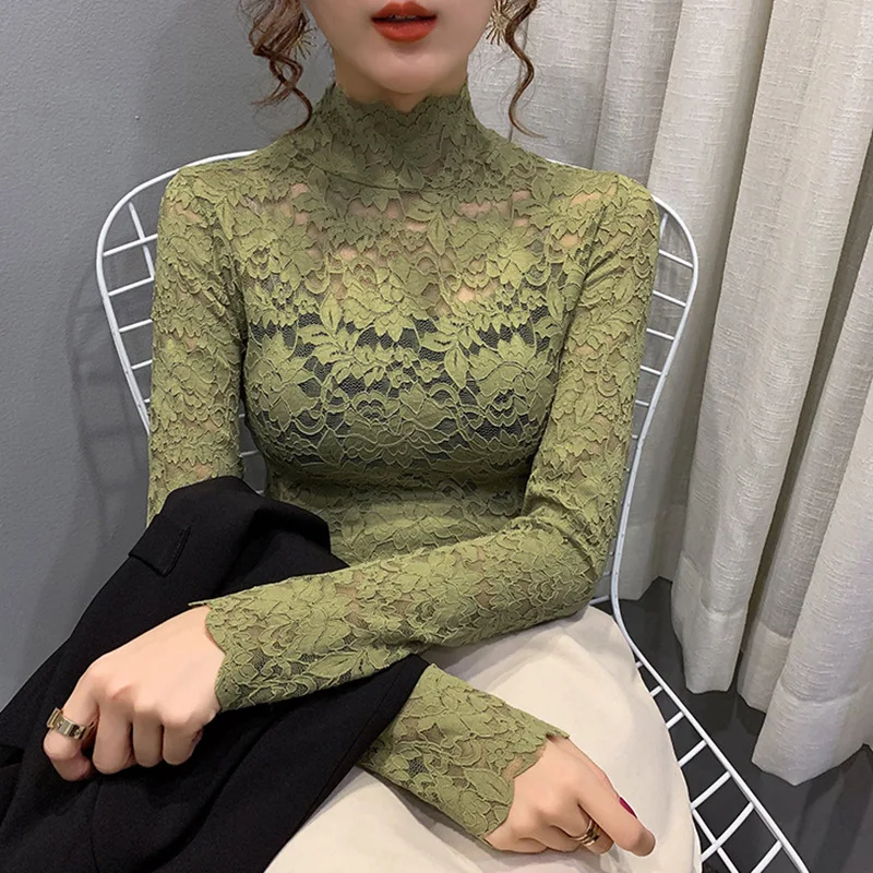 Sexy Women Mesh Lace Base Shirt Long Sleeve Transparent Undershirt Net Hollow Out Bottoming Shirt Half Turtleneck Tops Base