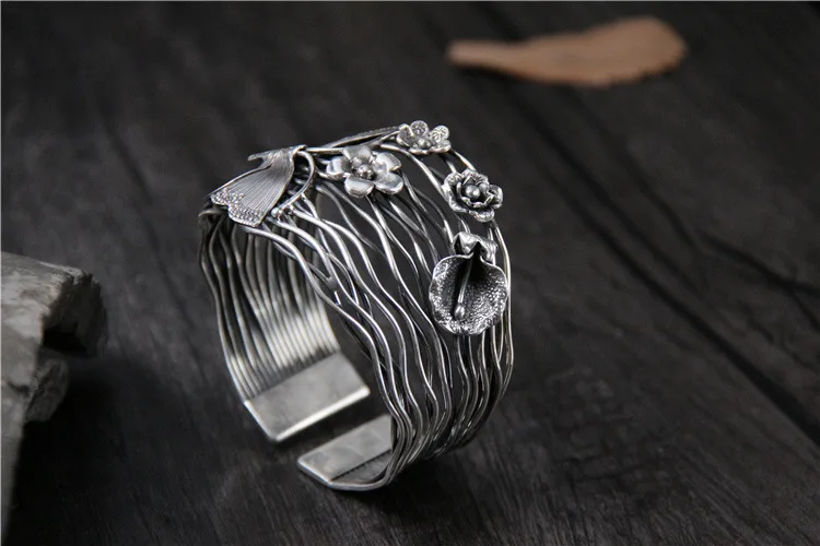 925 sterling silver Bracelet Bangle Women Retro Butterfly Wide Version Open Bracelets Bangles Women Jewelry Fine