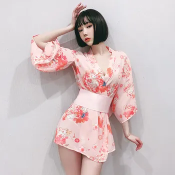 

Women Kimono Sleepwear Sexy Pink Cherry Blossom Romantic Chiffon Fun Uniform See Through Underwear Nightdress Female