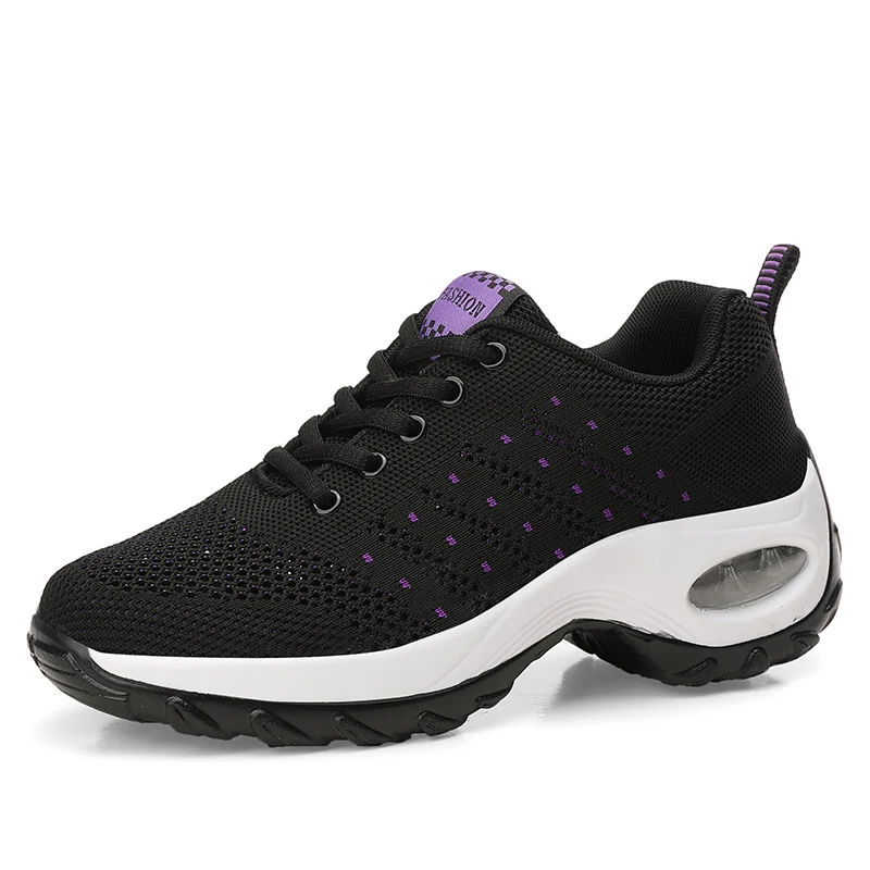 black purple Женские кроссовки; сетчатая обувь для бега; женская прогулочная танцевальная спортивная обувь; уличная дышащая обувь на воздушной подушке; кроссовки на шнуровке - Color: black purple