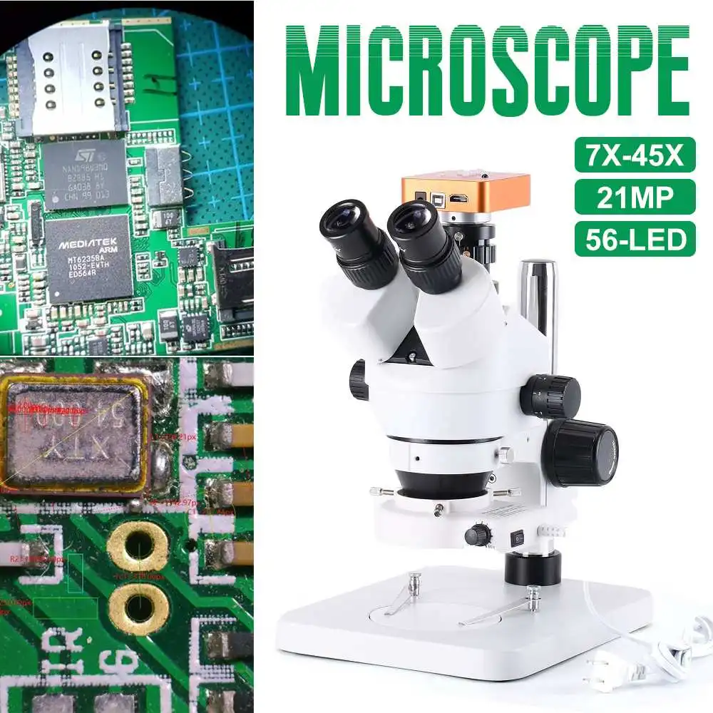 

21MP 2K HD USB Microscope Camera with 56 LED Light Trinocular Stereo Microscope Zoom 7X-45X Repair Microscope For PCB Soldering