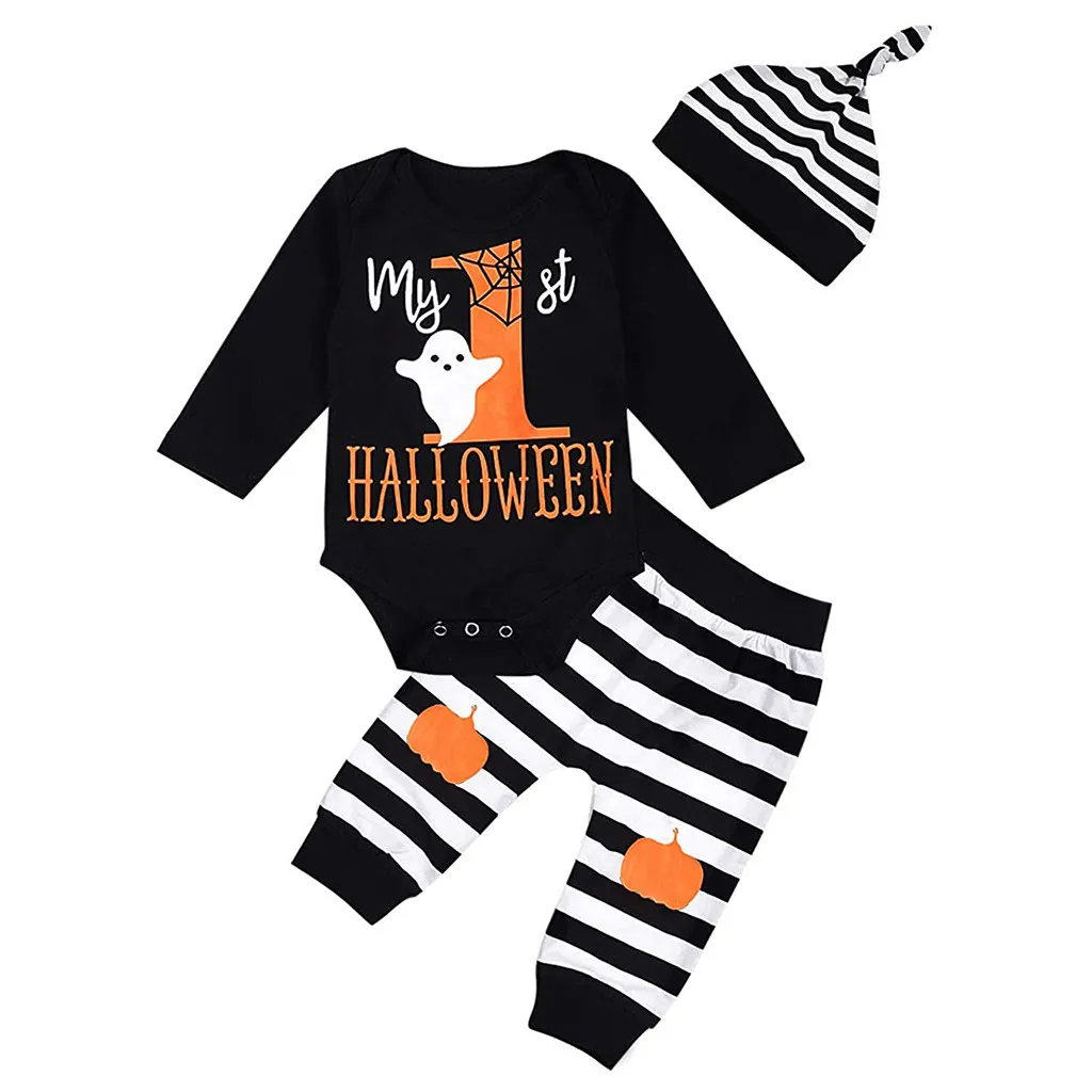 Children Clothes Newborn Infant Clothing Set Baby Boys Costume Halloween Catoon Letter Romper +Stripe Pants 3Pcs Outfits