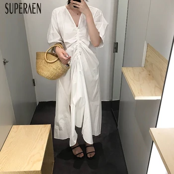 

SuperAen 2020 Spring and Summer New Women Long Dress Solid Color Cotton Casual Ladies Dress Irregular Fashion Women Clothing