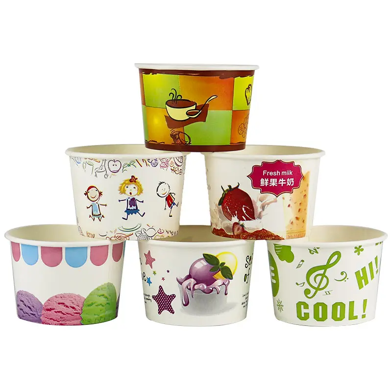 

50pcs High quality cute cartoon disposable ice cream paper bowl 8oz 260ml round fried yogurt salad takeaway cup with cover