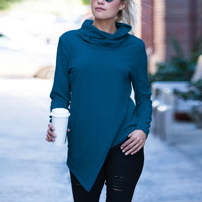 

Women Tops Ladies Sweater Autumn Warm Casual Fashion Winter Solid Jumper High Collar Irregular Plus Size Irregular