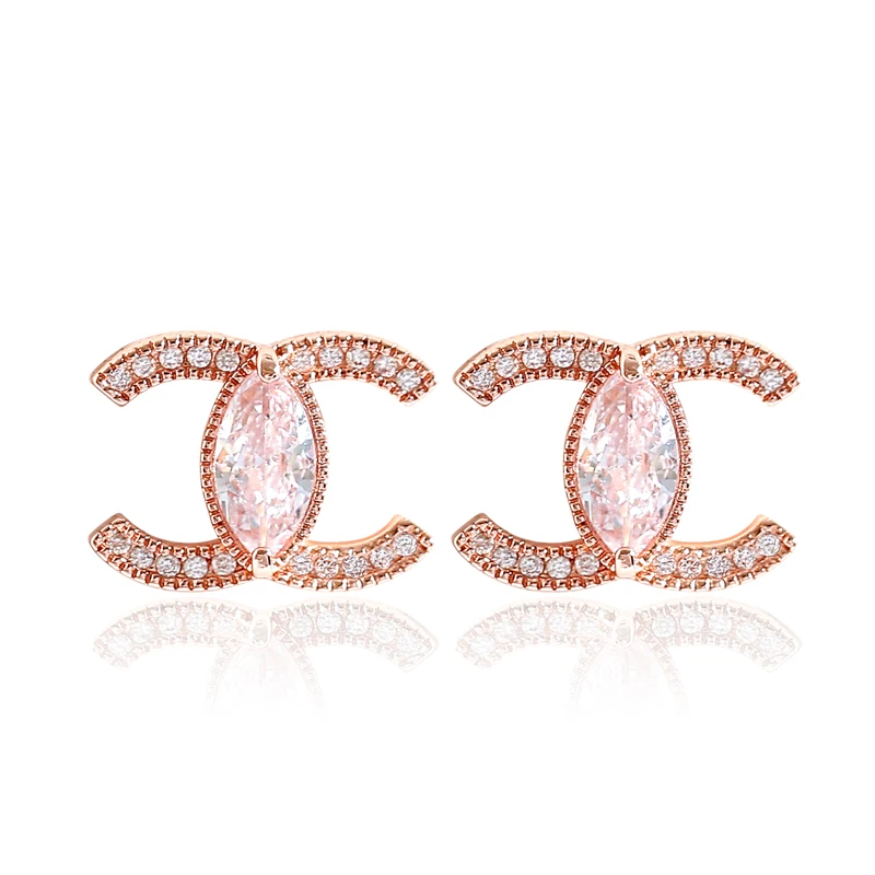 

Trendy Rose gold New Design Double Letter Stud Earrings Korea luxury Brand Shiny Zircon Jewelry For Women girls Gifts