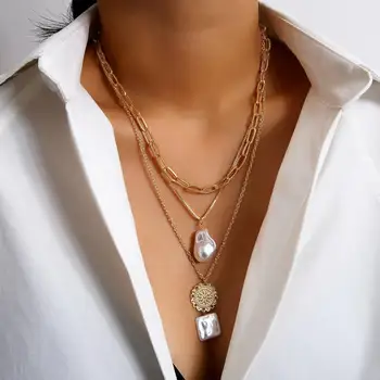 

SHIXIN Separable Pearl Necklace for Women Multi Layer Fashion Korean Coin Pencant Necklace 2020 Chain Decoration on the Neck